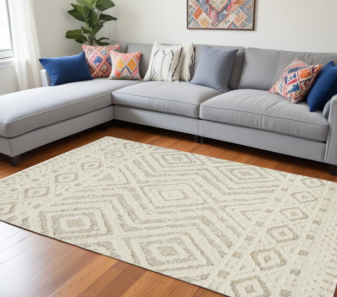 8" X 10" Ivory And Tan Wool Geometric Tufted Handmade Stain Resistant Area Rug