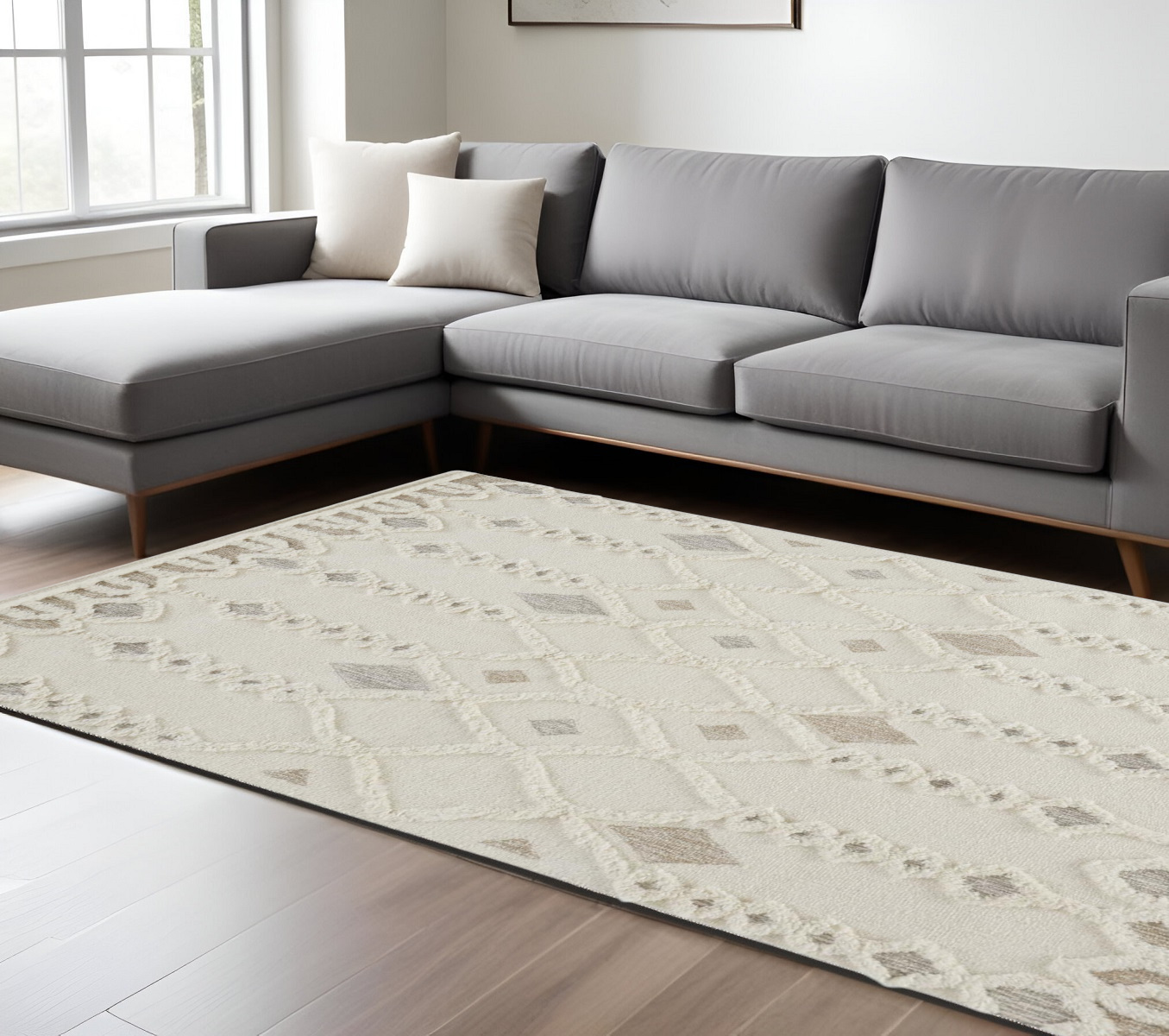 8" X 10" Gray and Ivory Wool Geometric Hand Tufted Area Rug
