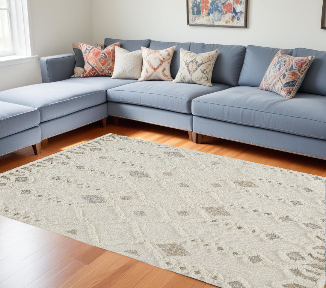 10" X 14" Ivory Tan And Silver Wool Geometric Tufted Handmade Stain Resistant Area Rug