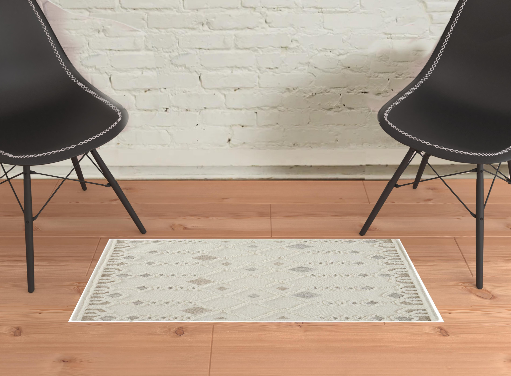 2 X 3 Ivory Tan And Silver Wool geometric Tufted Handmade Stain Resistant Area Rug