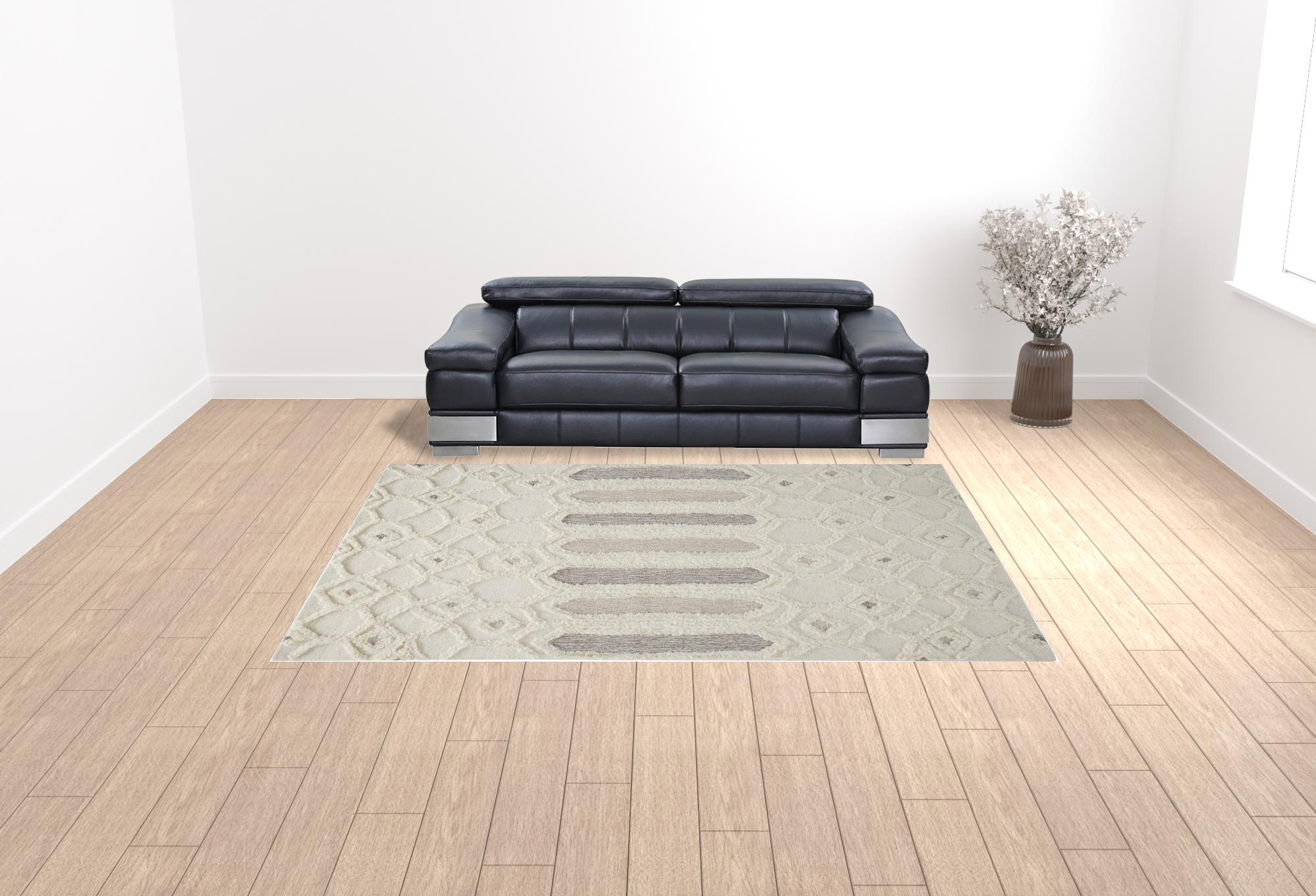 9" X 12" Ivory Taupe And Tan Wool Geometric Tufted Handmade Stain Resistant Area Rug