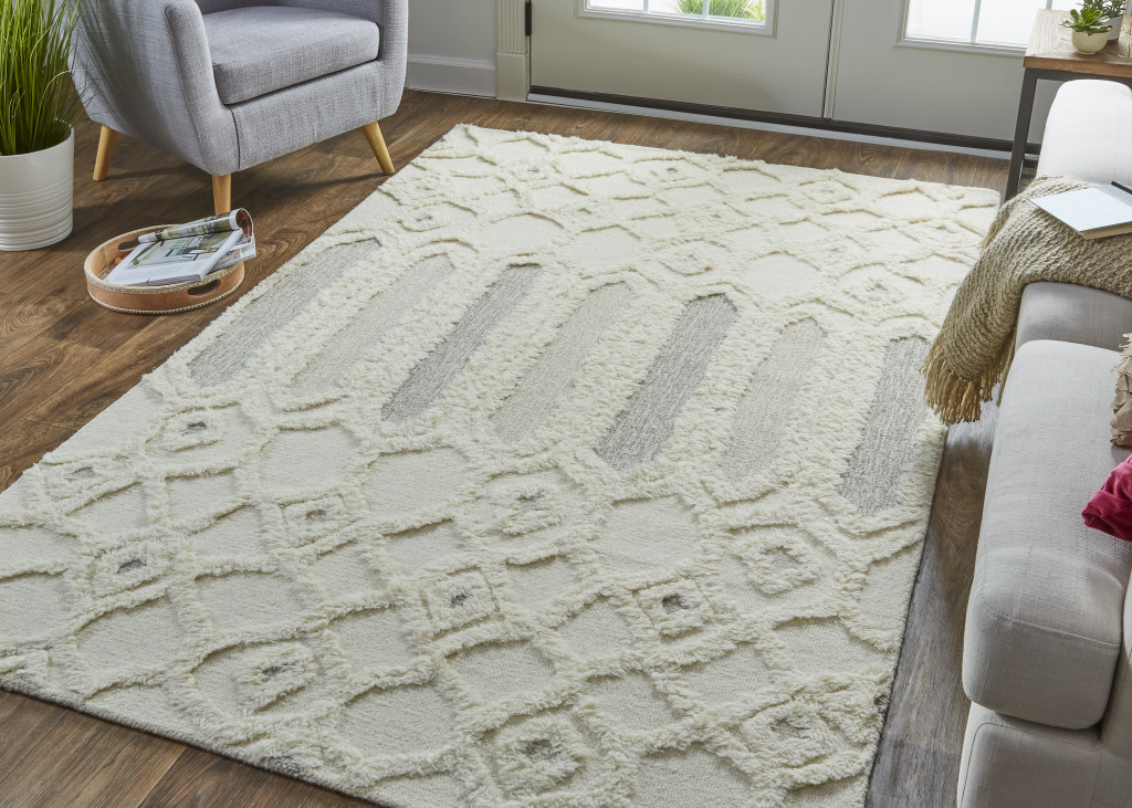 9" X 12" Ivory Taupe And Tan Wool Geometric Tufted Handmade Stain Resistant Area Rug