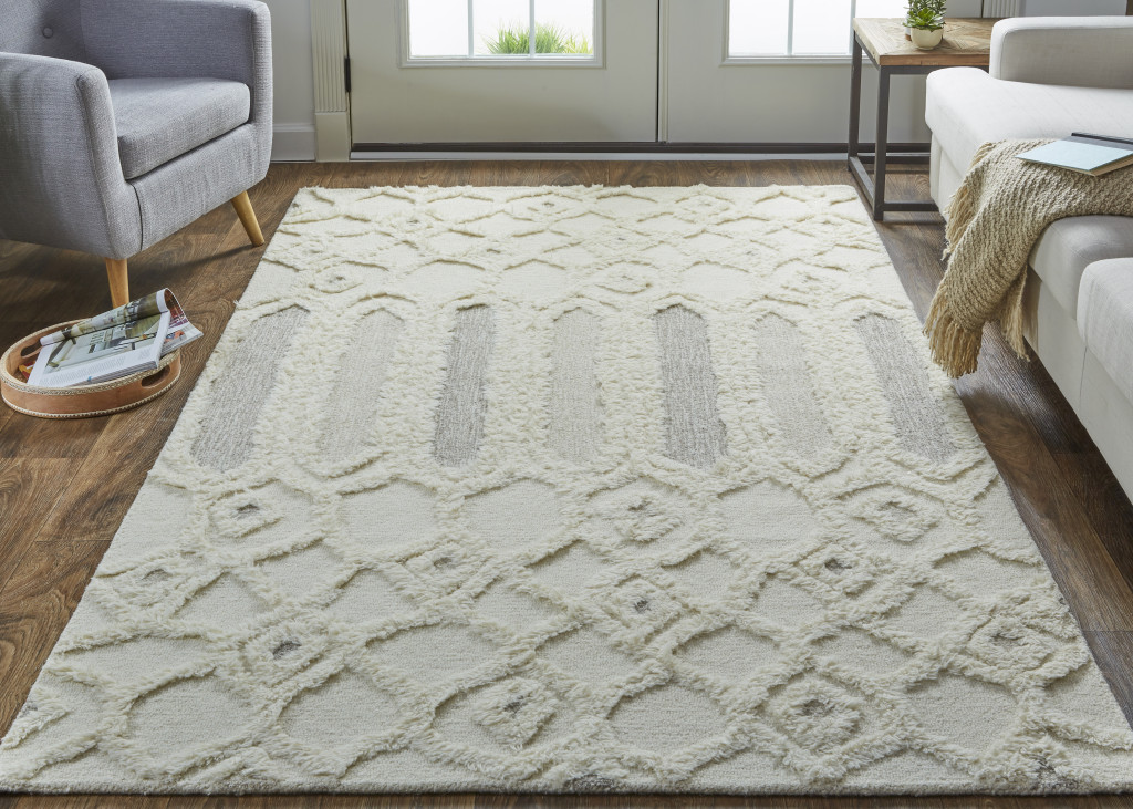 9" X 12" Ivory Taupe And Tan Wool Geometric Tufted Handmade Stain Resistant Area Rug