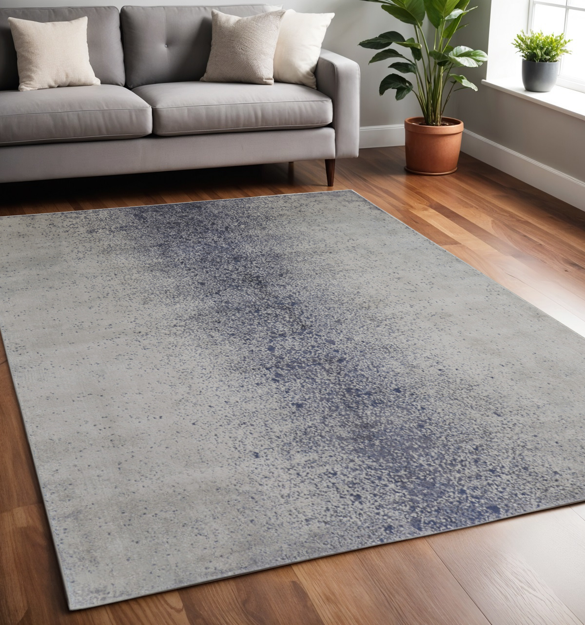 5" X 8" Ivory and Blue Abstract Power Loom Non Skid Area Rug
