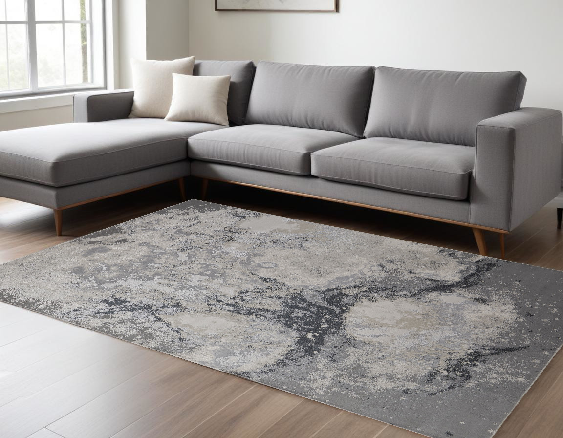 8" X 10" Ivory Black and Gray Abstract Area Rug