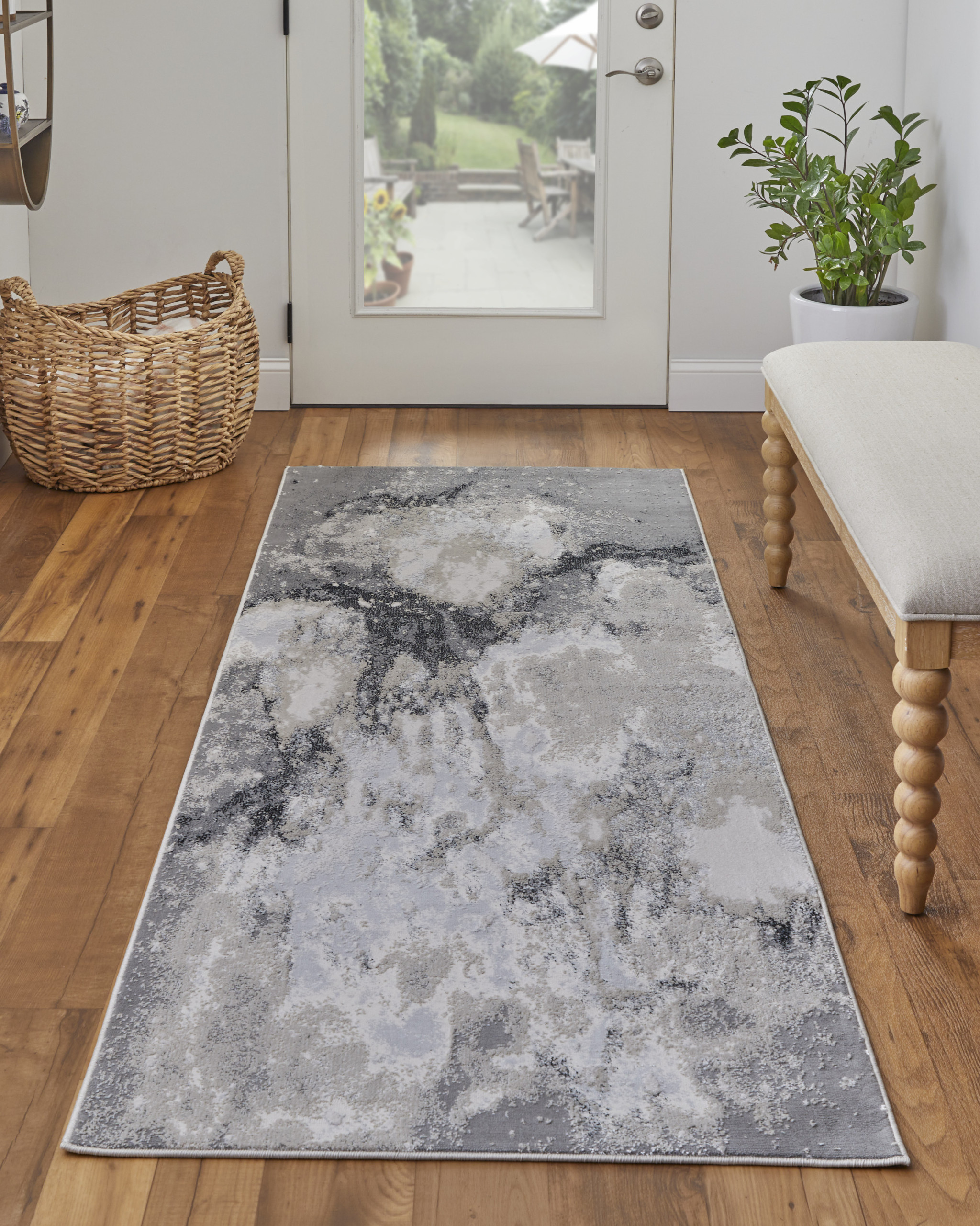 8" Gray and Ivory Abstract Power Loom Non Skid Runner Rug
