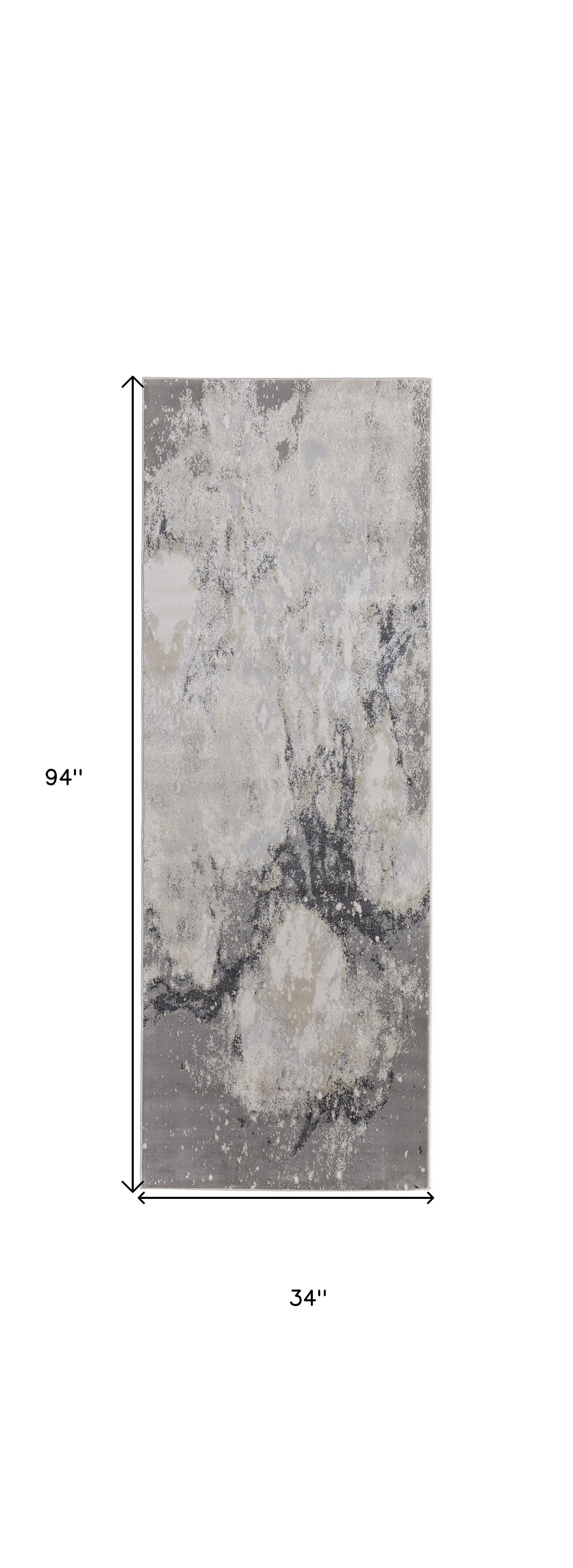 8" Gray and Ivory Abstract Power Loom Non Skid Runner Rug