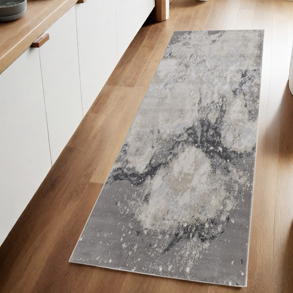 8" Gray and Ivory Abstract Power Loom Non Skid Runner Rug