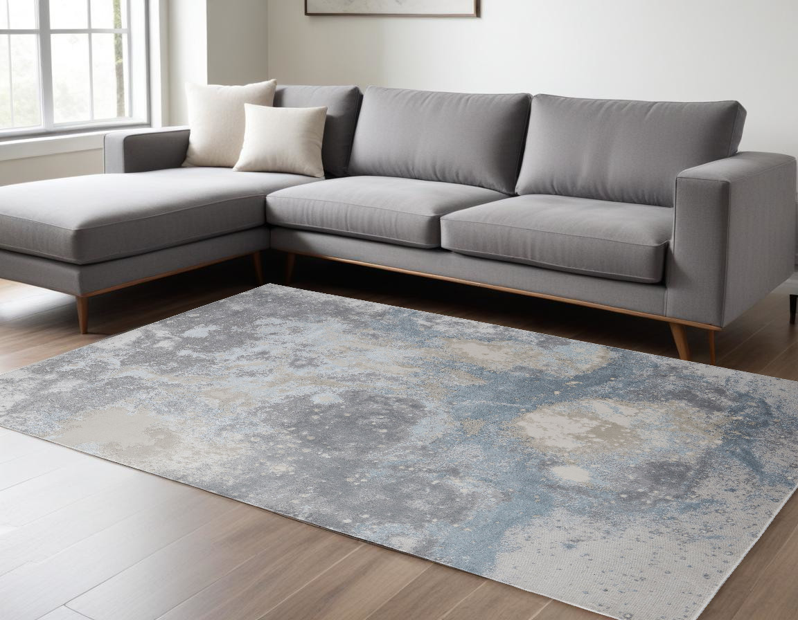 8" X 10" Ivory Blue and Gray Abstract Area Rug