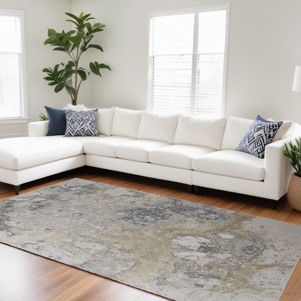 8" X 10" Black Brown and Off White Abstract Area Rug