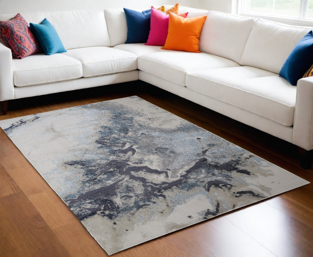 8" X 10" Ivory Black and Gray Abstract Area Rug