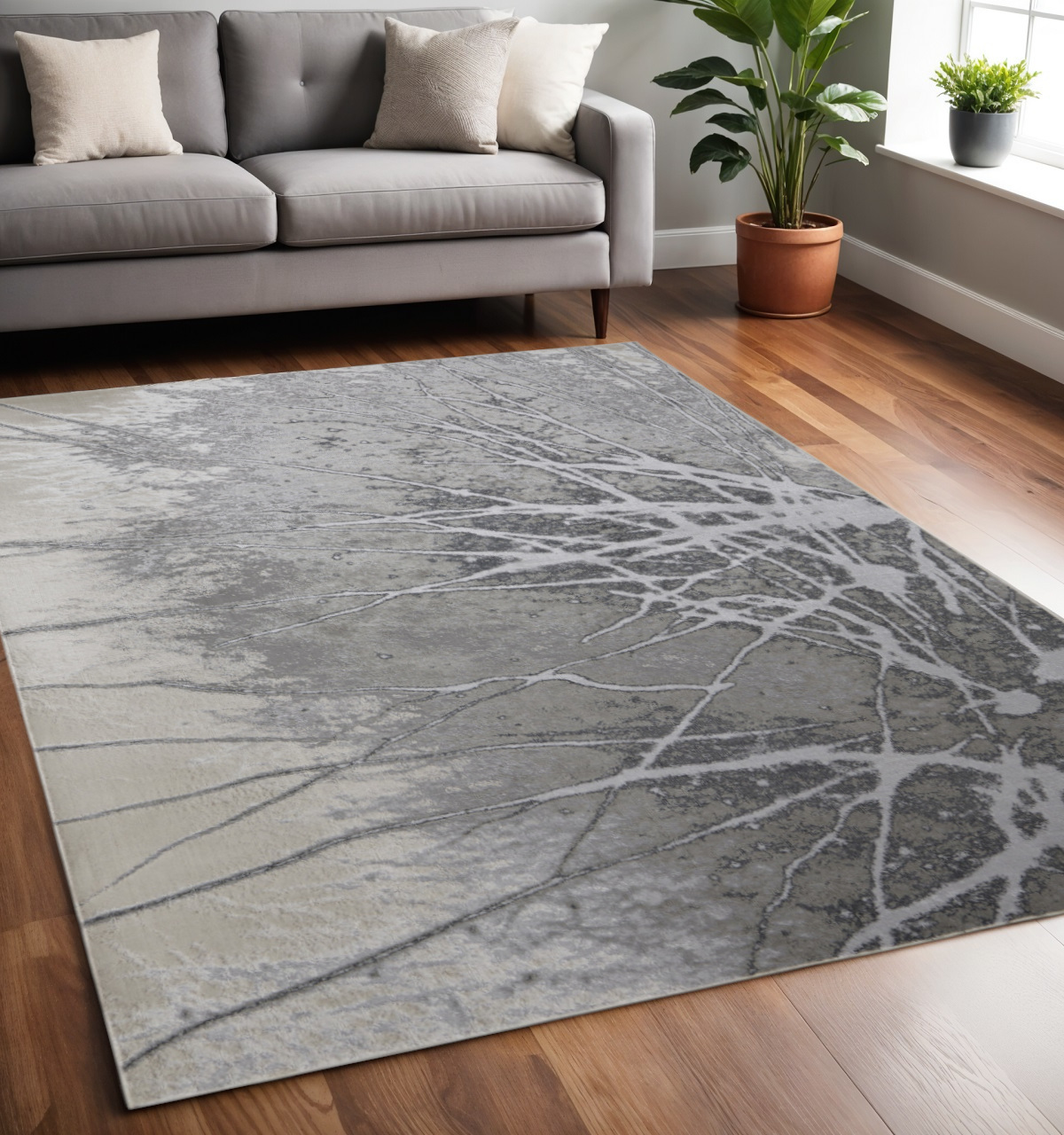 5" X 8" Gray and Ivory Abstract Power Loom Non Skid Area Rug