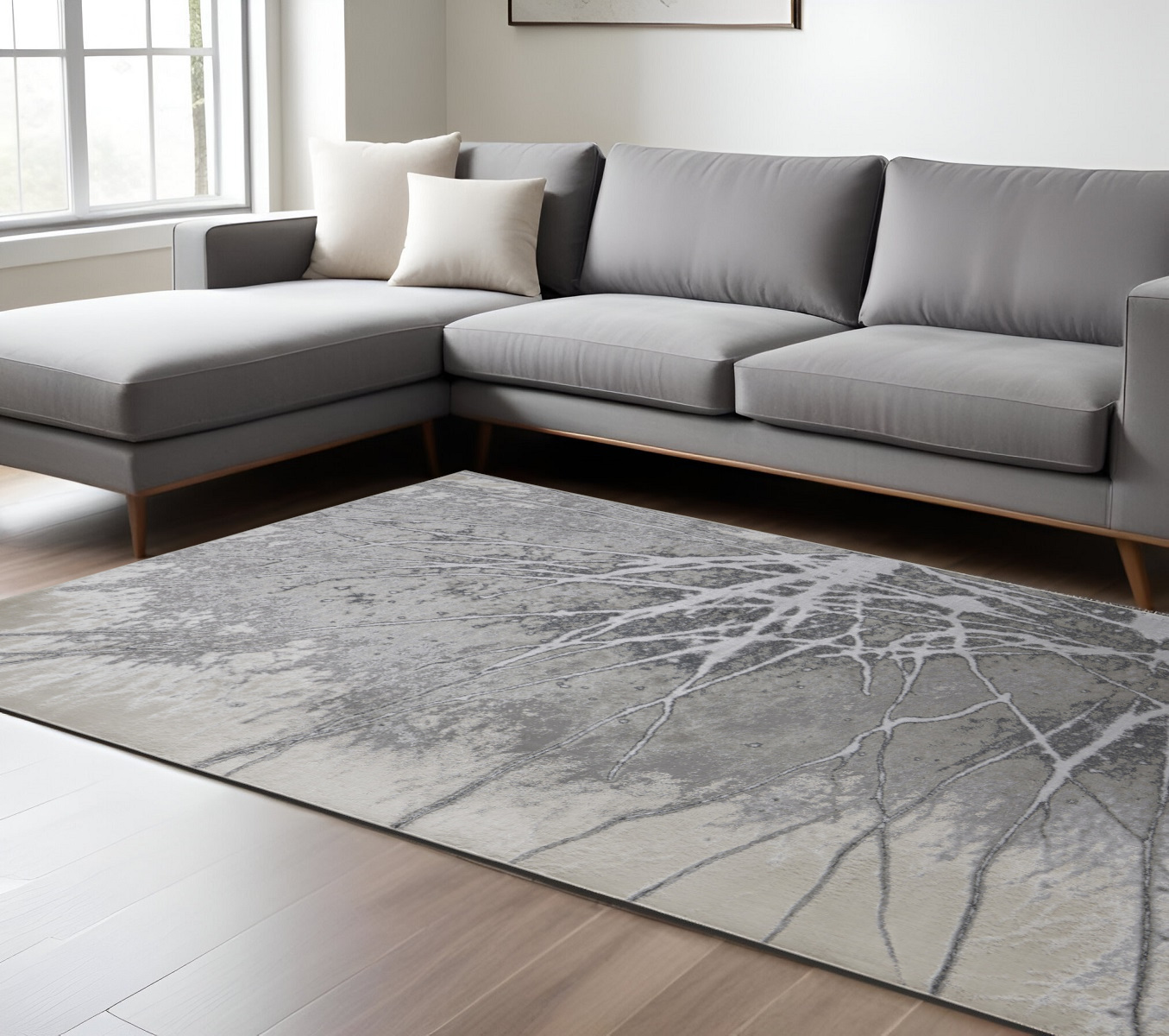 7" X 10" Gray and Ivory Abstract Power Loom Non Skid Area Rug