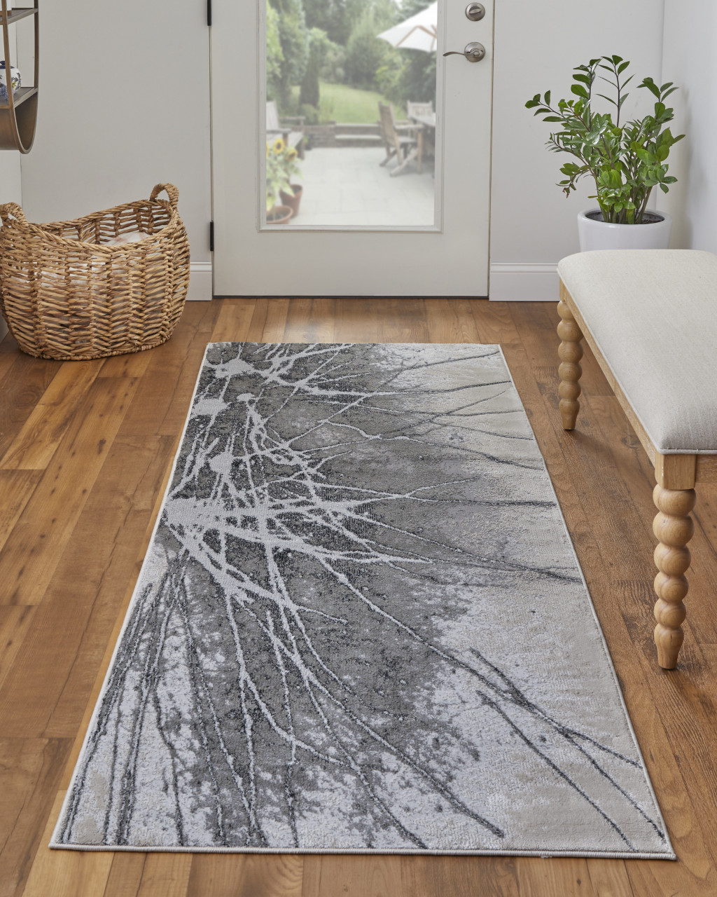 8" Gray and Ivory Abstract Power Loom Non Skid Runner Rug