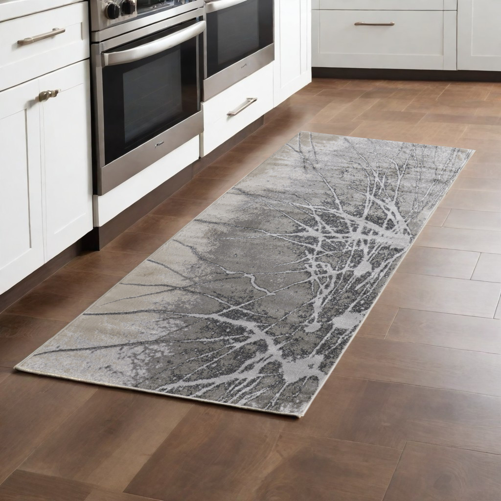 8" Gray and Ivory Abstract Power Loom Non Skid Runner Rug