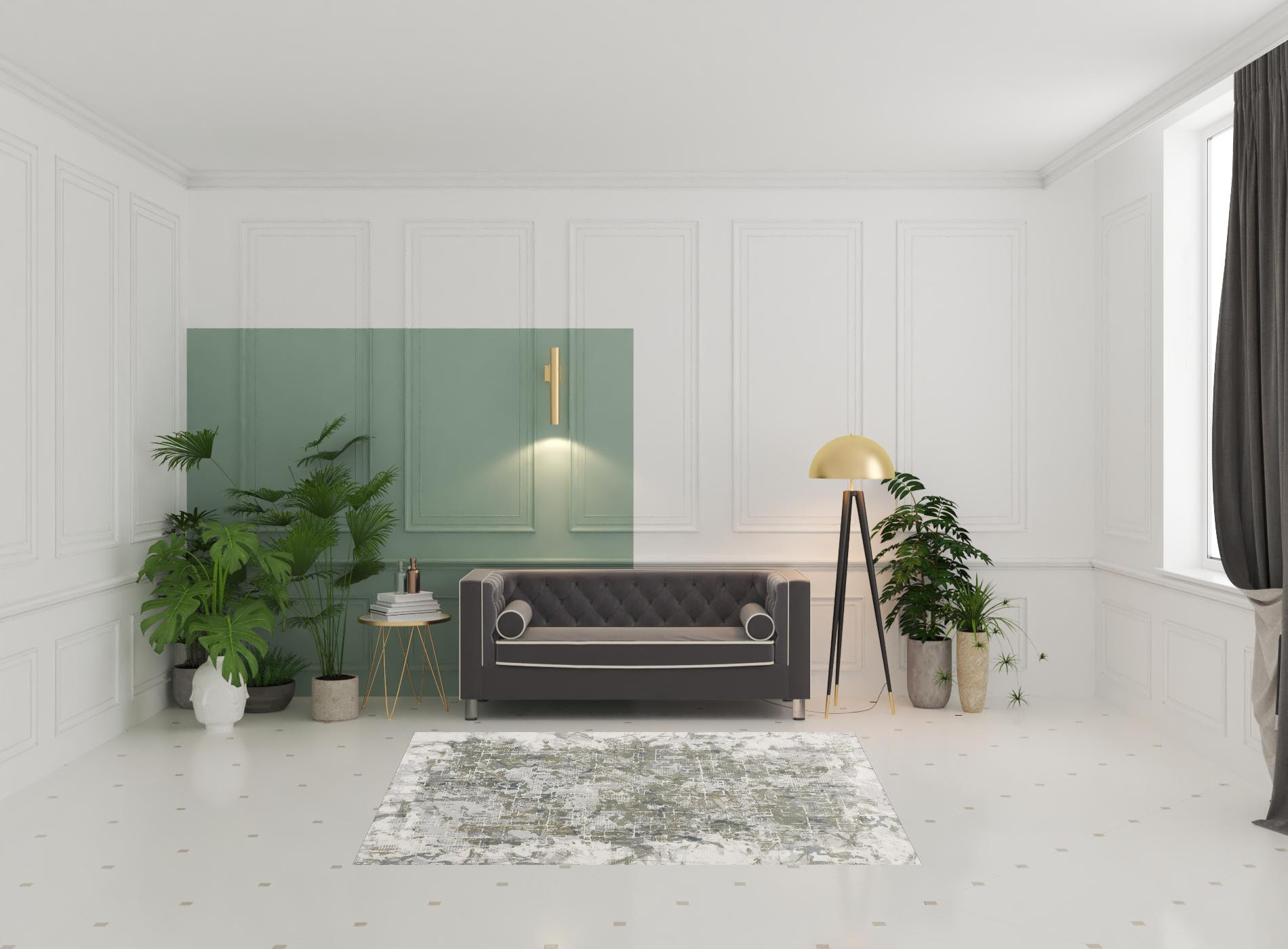5 X 8 green gray And Ivory Abstract Distressed Stain Resistant Area Rug
