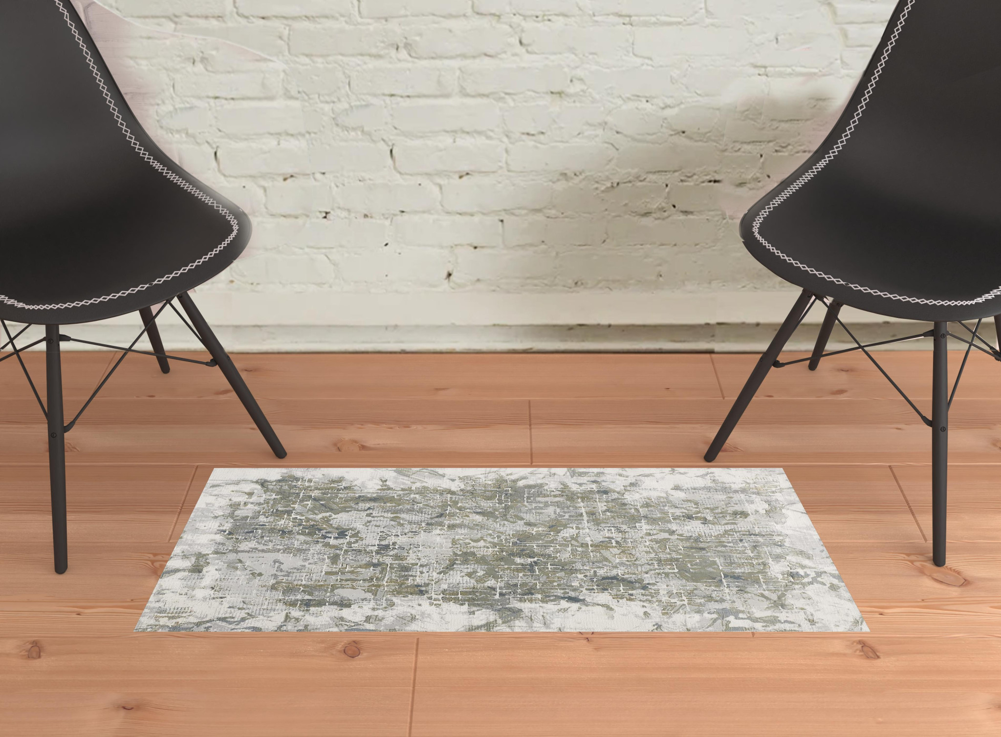 2 X 3 green gray And Ivory Abstract Distressed Stain Resistant Area Rug