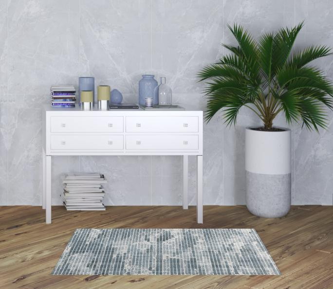 3" X 5" Blue And Gray Polka Dots Distressed Stain Resistant Area Rug