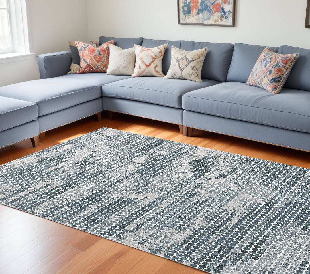 8" X 10" Blue And Gray Polka Dots Distressed Stain Resistant Area Rug