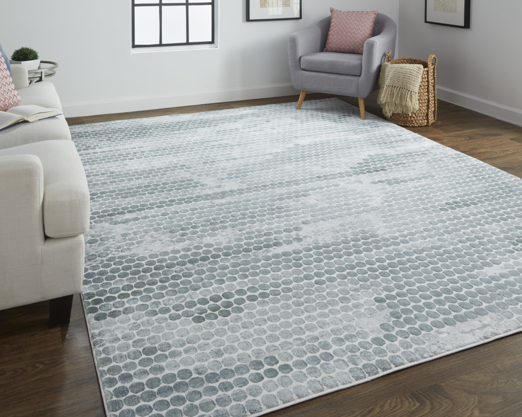 10" X 13" Blue And Gray Polka Dots Distressed Stain Resistant Area Rug