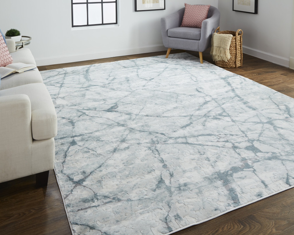8" X 10" Blue Gray And Ivory Abstract Distressed Stain Resistant Area Rug