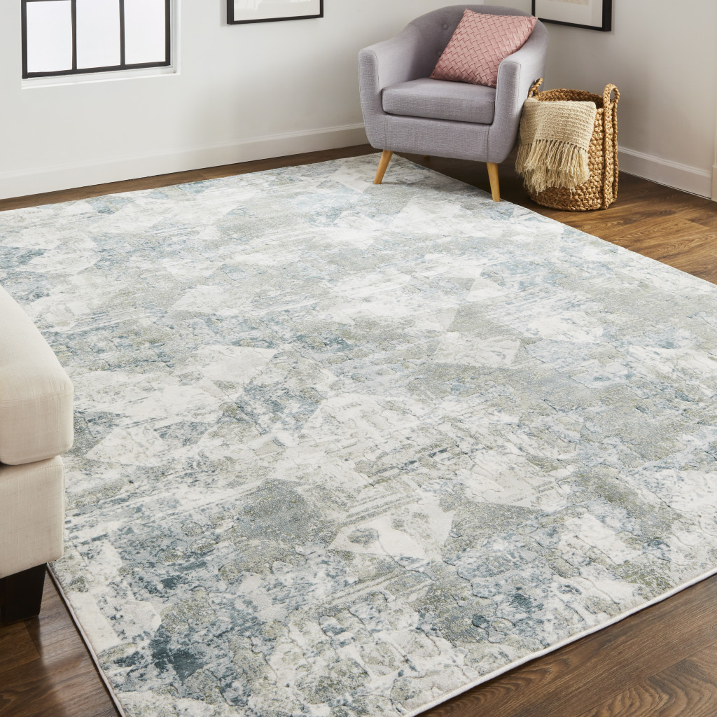 8" X 10" Green And Ivory Patchwork Distressed Stain Resistant Area Rug