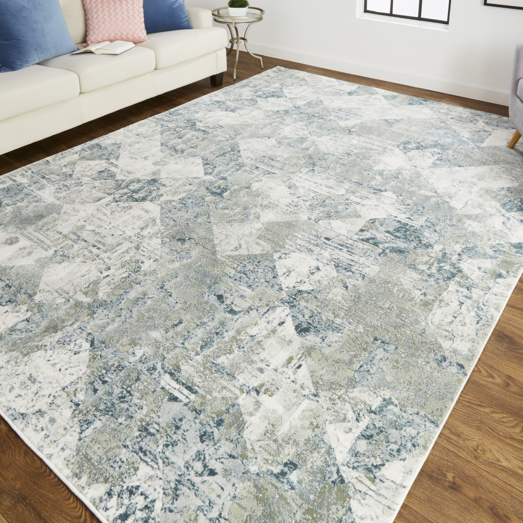 8" X 10" Green And Ivory Patchwork Distressed Stain Resistant Area Rug