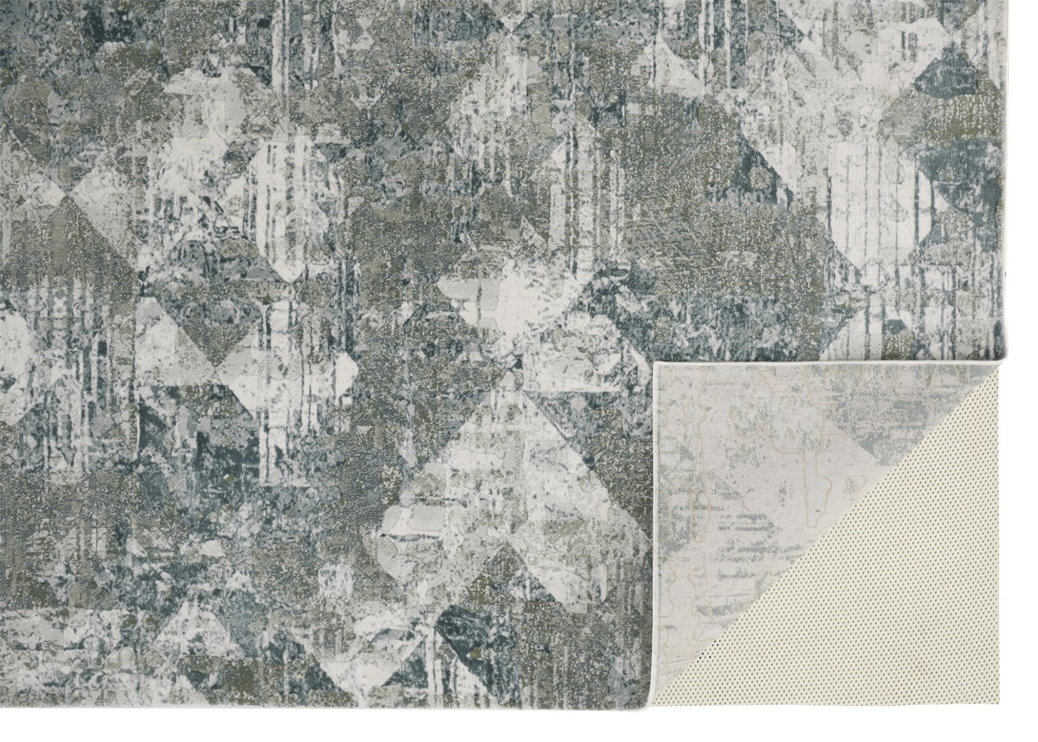 8" X 10" Green And Ivory Patchwork Distressed Stain Resistant Area Rug
