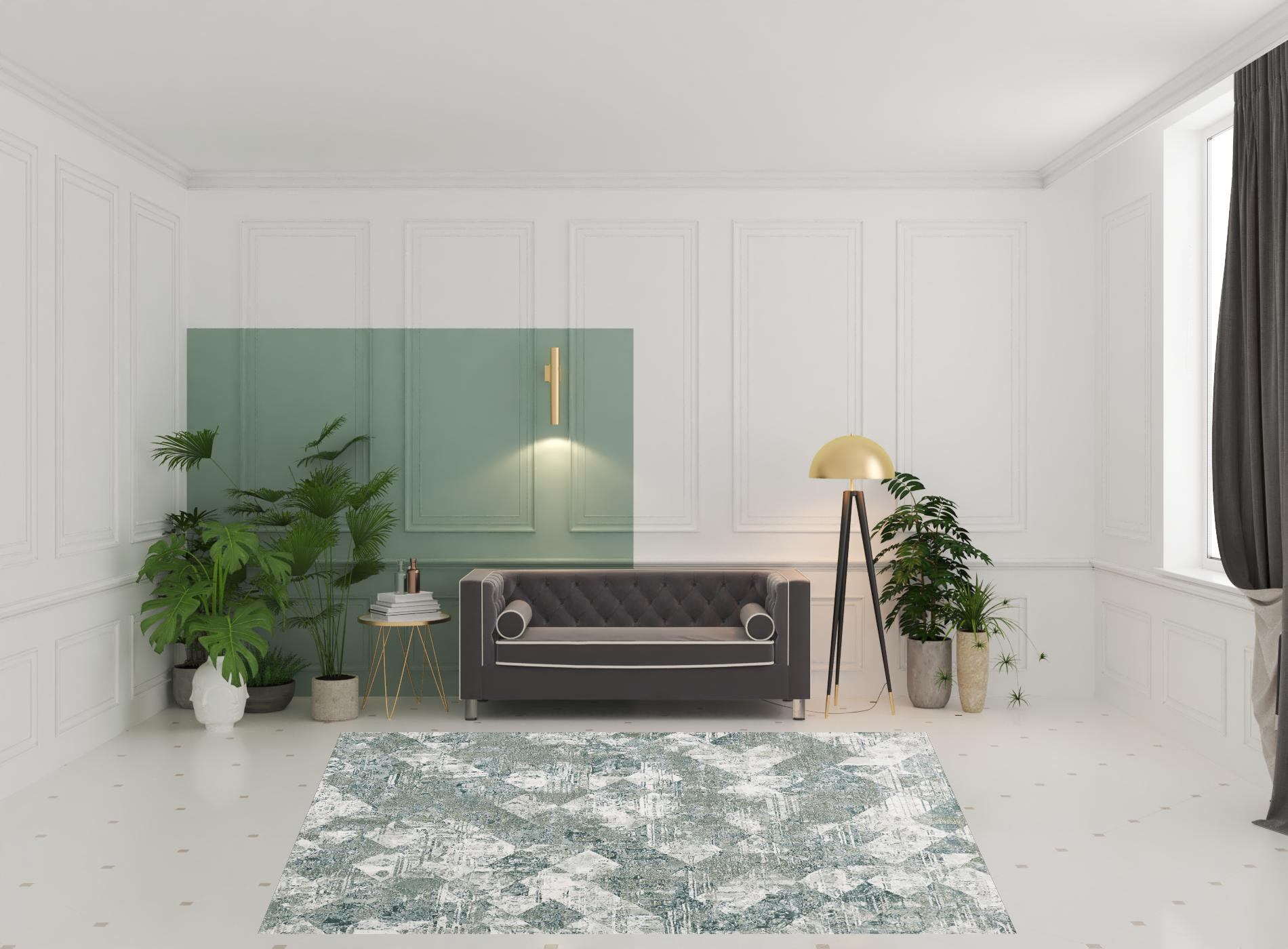 8" X 10" Green And Ivory Patchwork Distressed Stain Resistant Area Rug