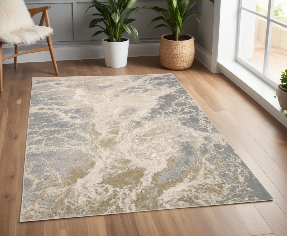 4" X 6" Gray and Ivory Abstract Non Skid Area Rug