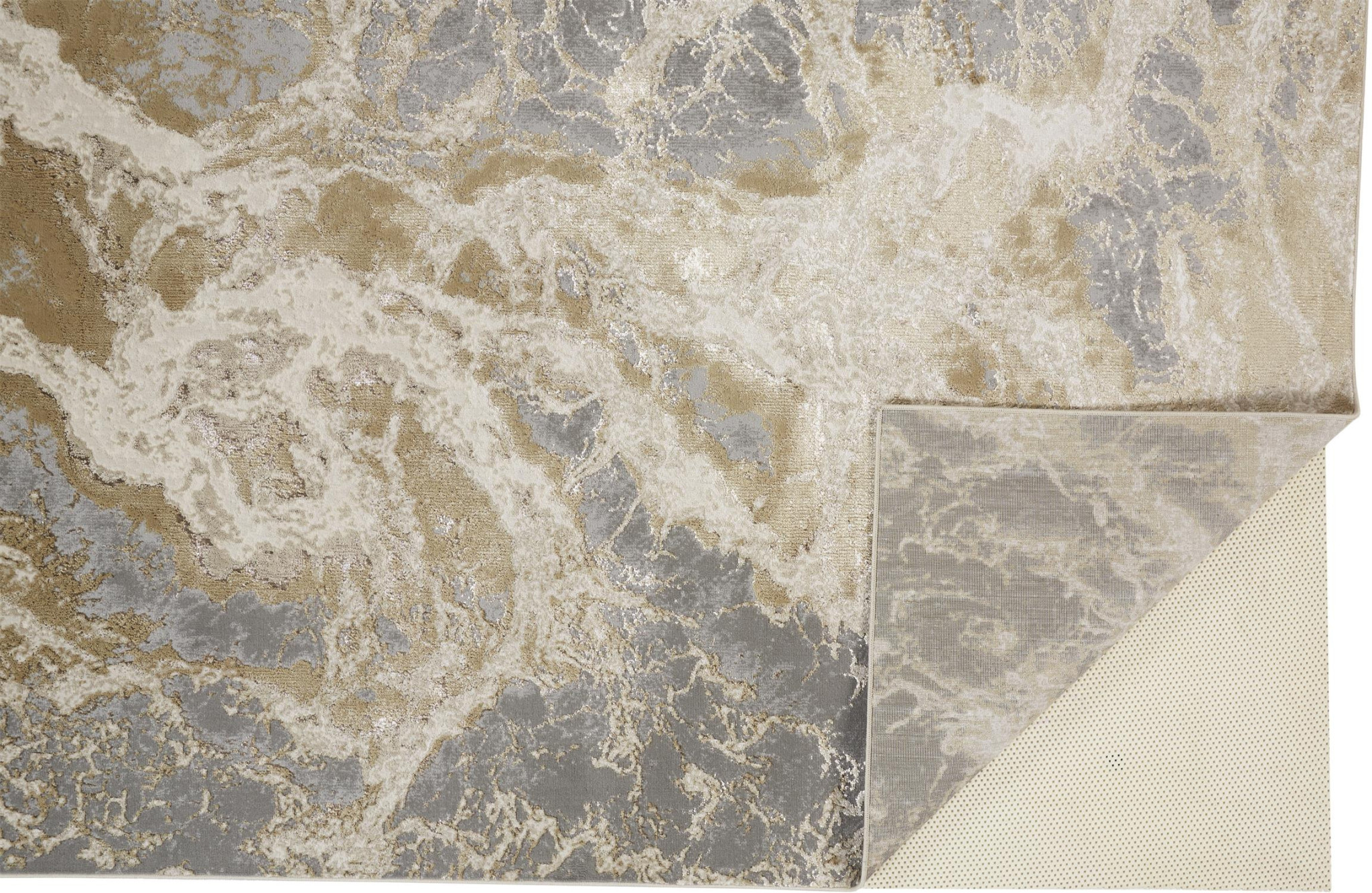 7" X 10" Ivory Silver And Gold Abstract Stain Resistant Area Rug