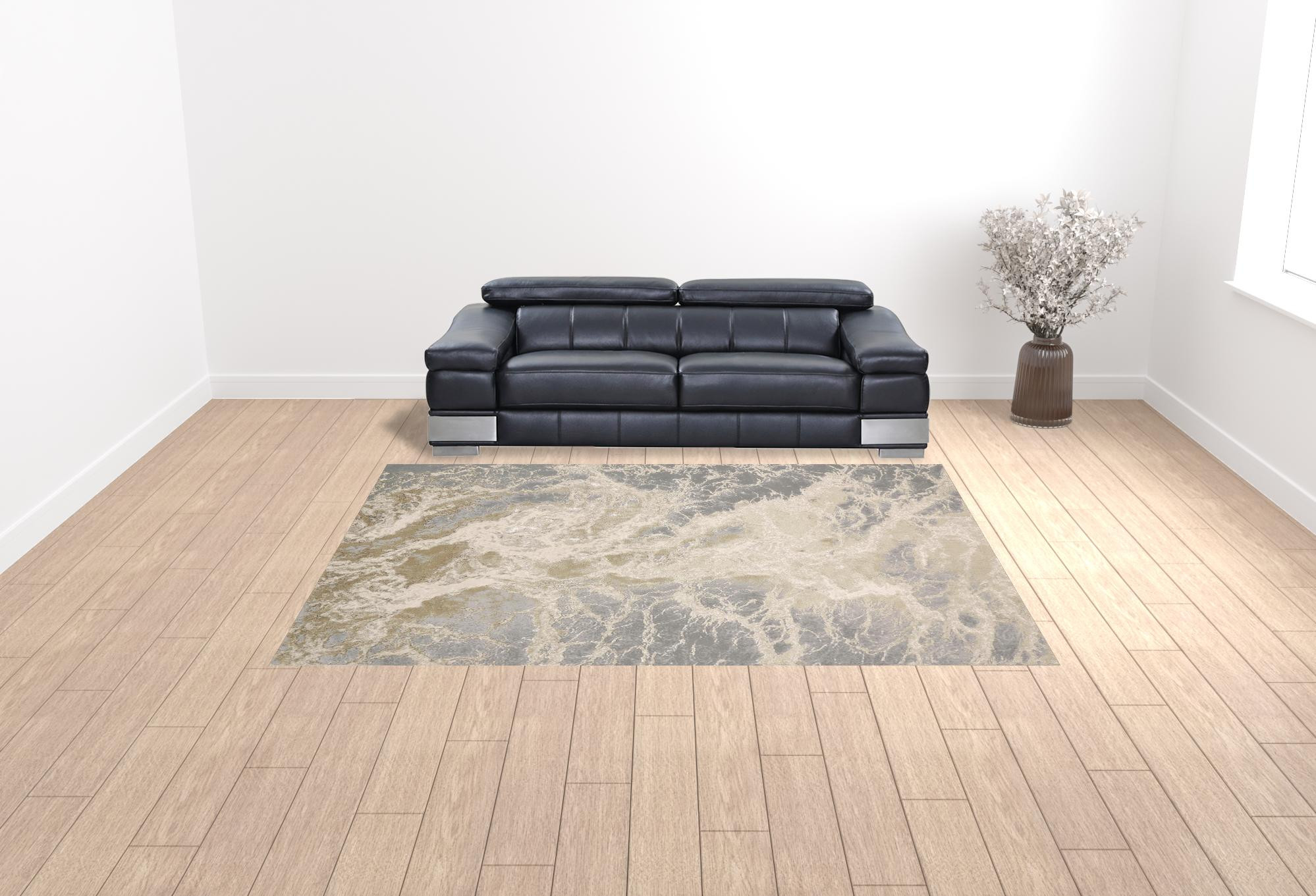 9" X 12" Ivory Silver And Gold Abstract Area Rug