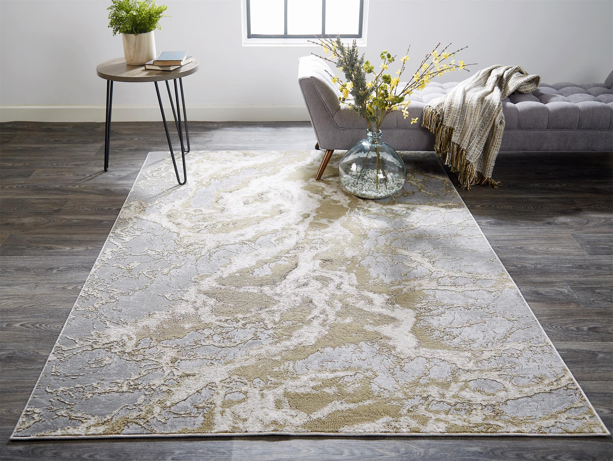 10" X 13" Ivory Silver And Gold Abstract Stain Resistant Area Rug