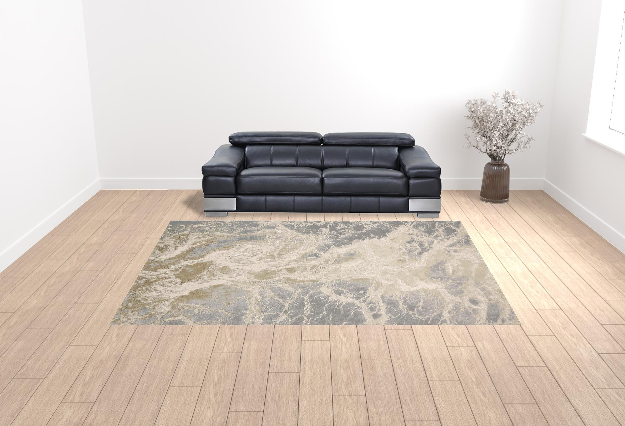 10" X 13" Ivory Silver And Gold Abstract Stain Resistant Area Rug