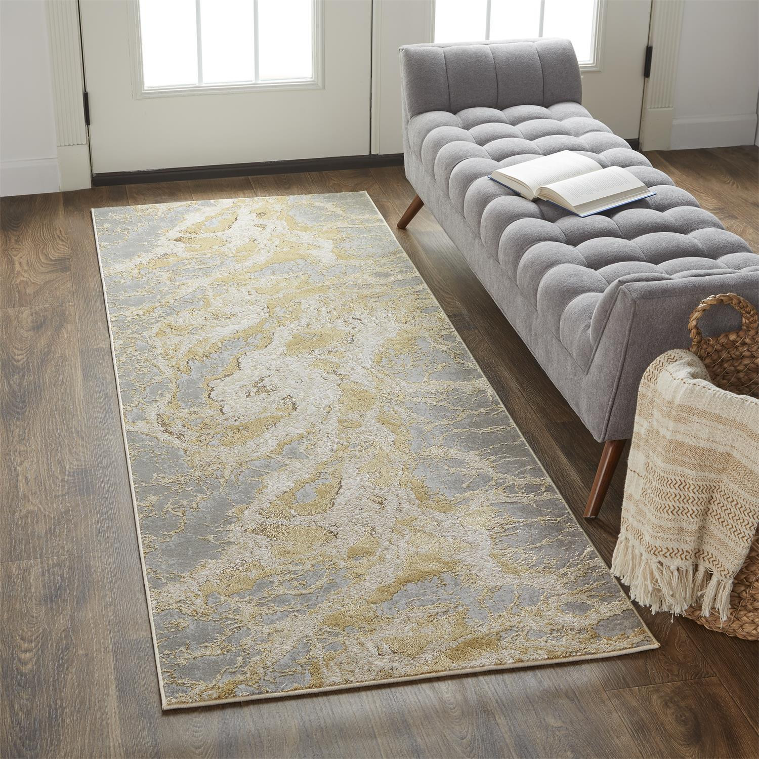 8" Gold and Ivory Marble Power Loom Runner Rug