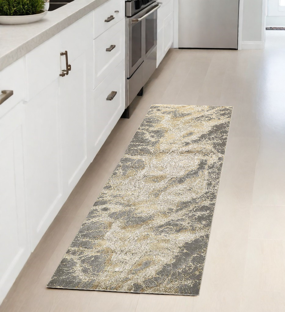 8" Gold and Ivory Marble Power Loom Runner Rug