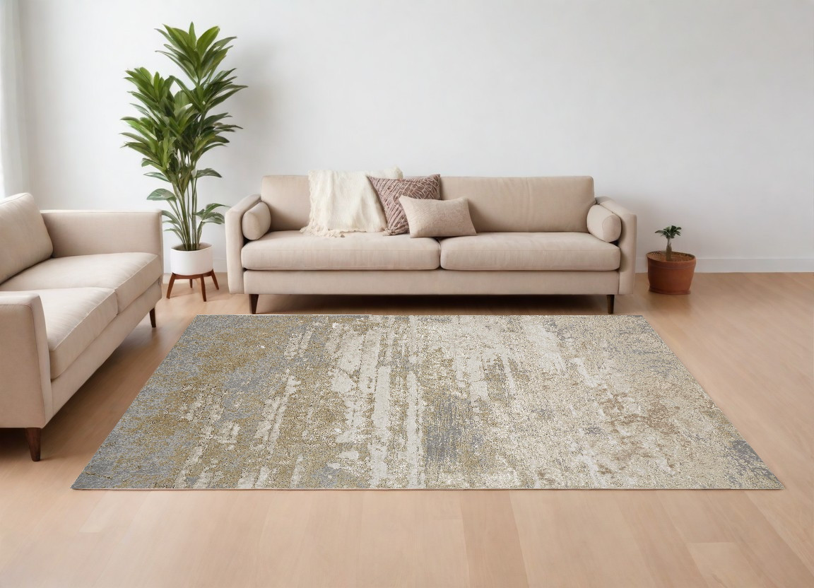 7" X 10" Ivory Gold And Gray Abstract Stain Resistant Area Rug