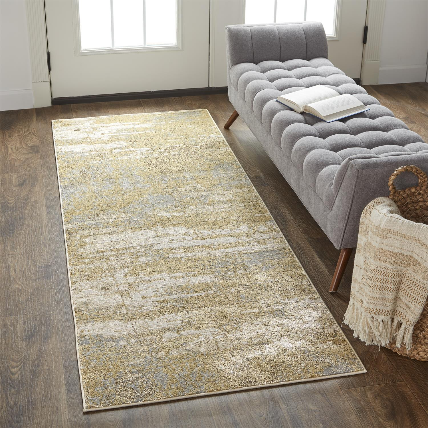 8" Gold and Ivory Abstract Power Loom Runner Rug