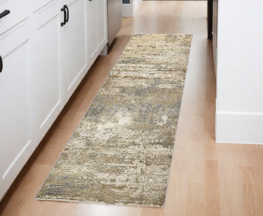 8" Gold and Ivory Abstract Power Loom Runner Rug