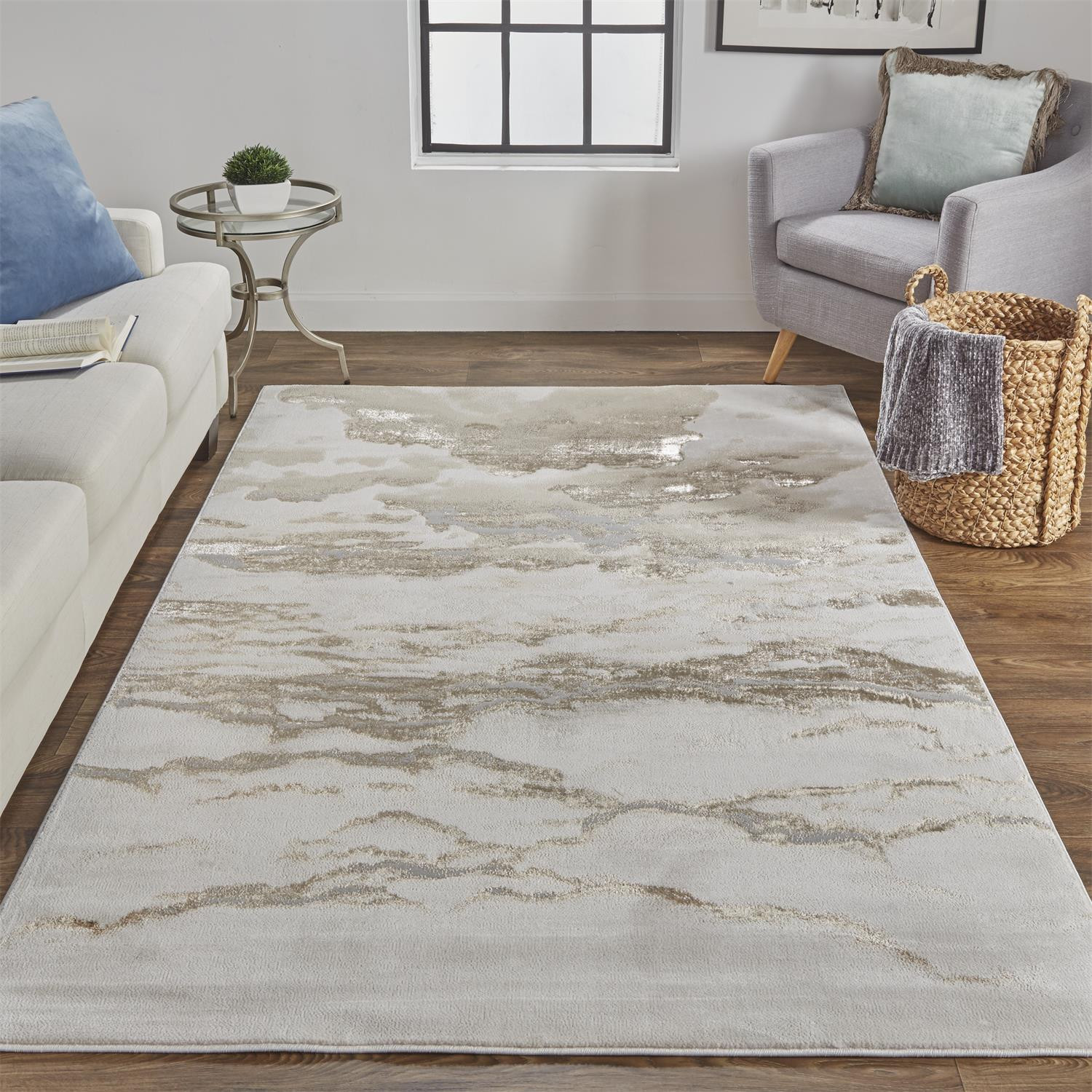 9" X 12" Ivory Tan And Gray Abstract Area Rug
