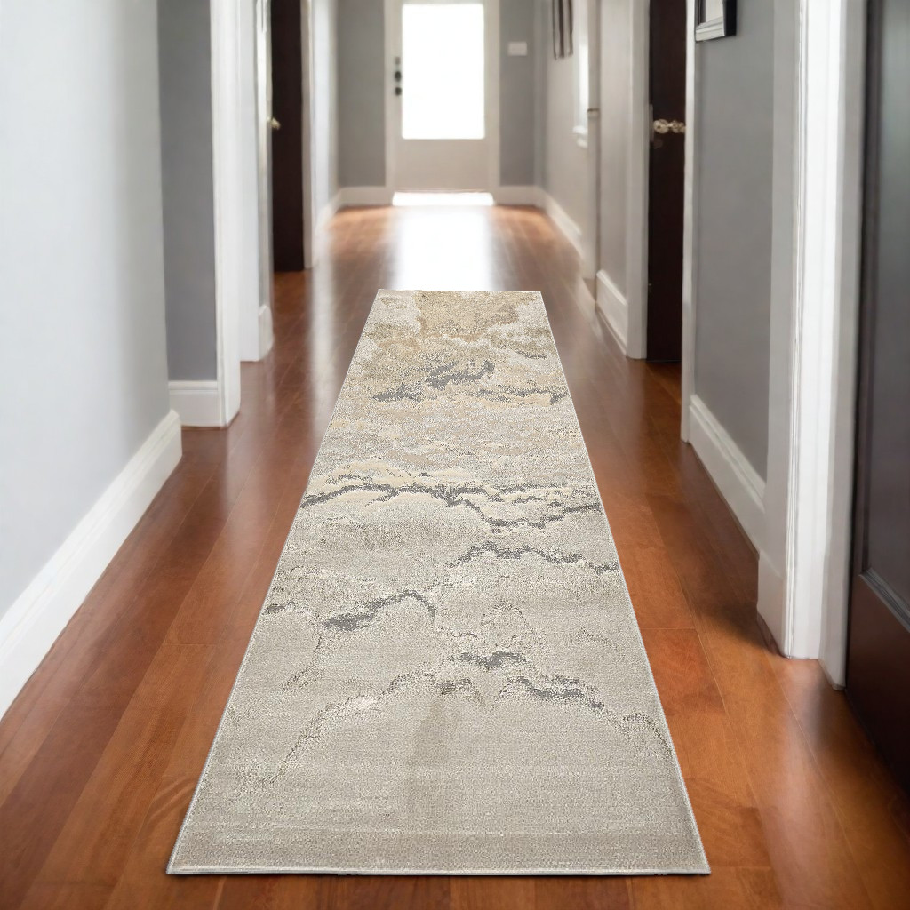 8" Brown and Ivory Abstract Power Loom Runner Rug