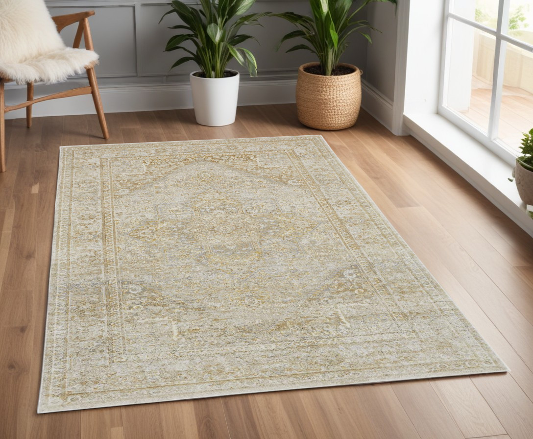 4" X 6" Gold and Ivory Floral Non Skid Area Rug