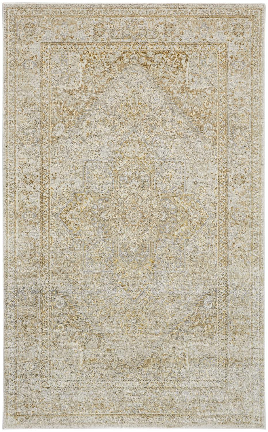 7" X 10" Gold and Ivory Floral Non Skid Area Rug