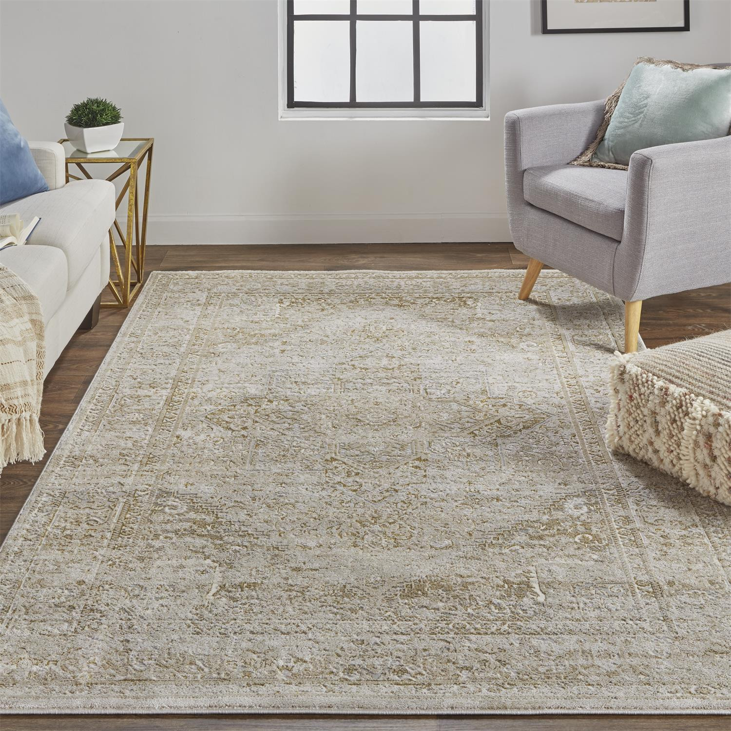 7" X 10" Gold and Ivory Floral Non Skid Area Rug