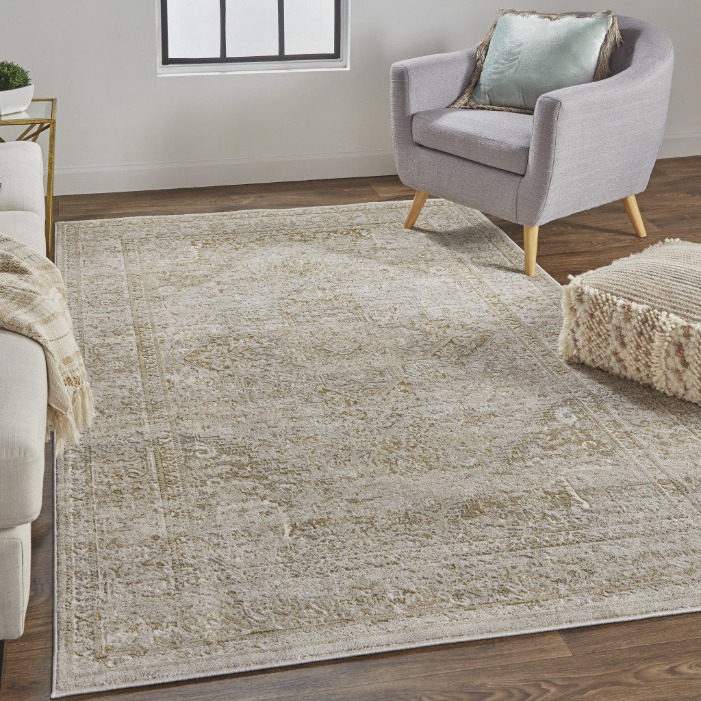7" X 10" Gold and Ivory Floral Non Skid Area Rug