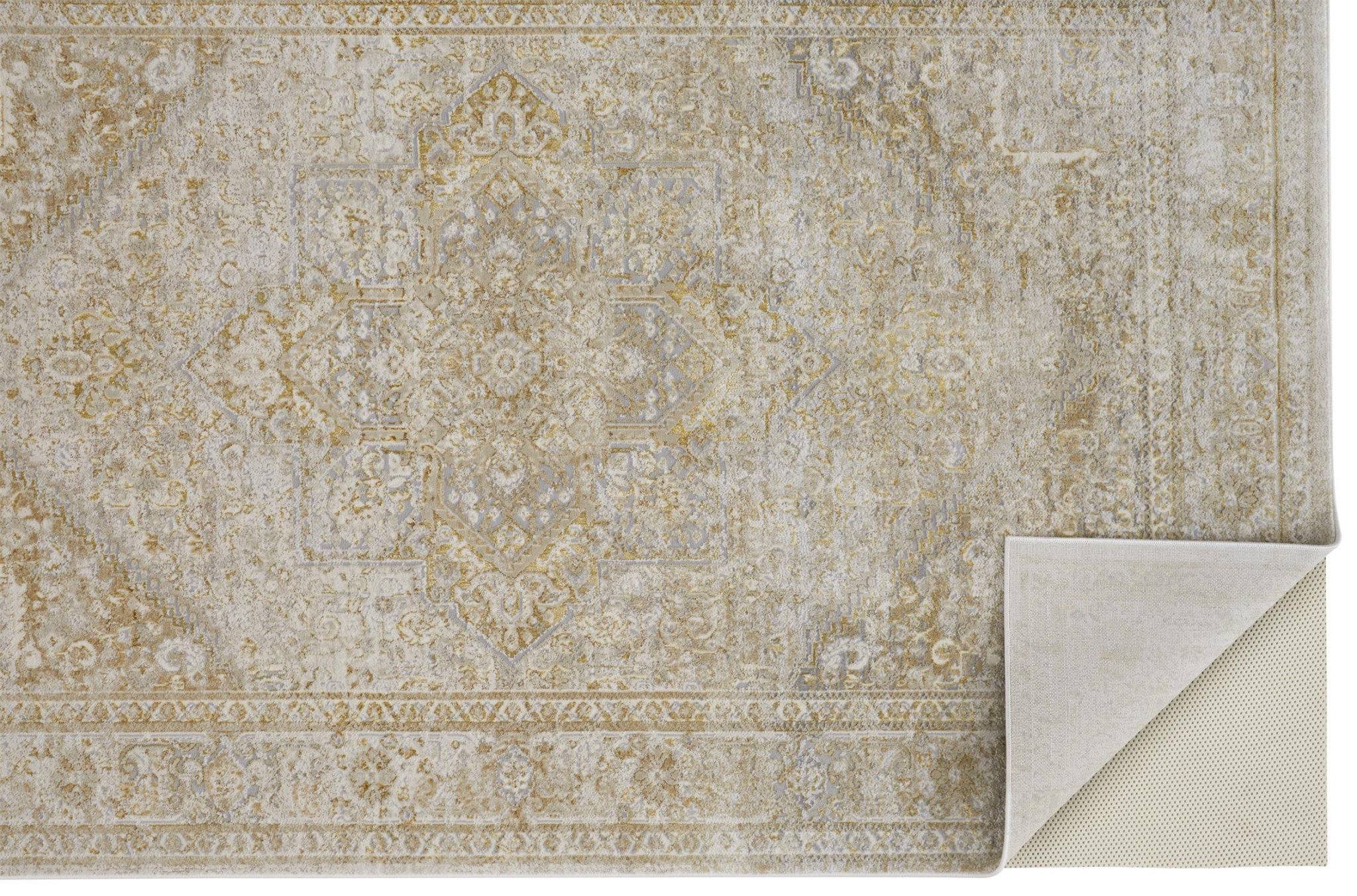 7" X 10" Gold and Ivory Floral Non Skid Area Rug