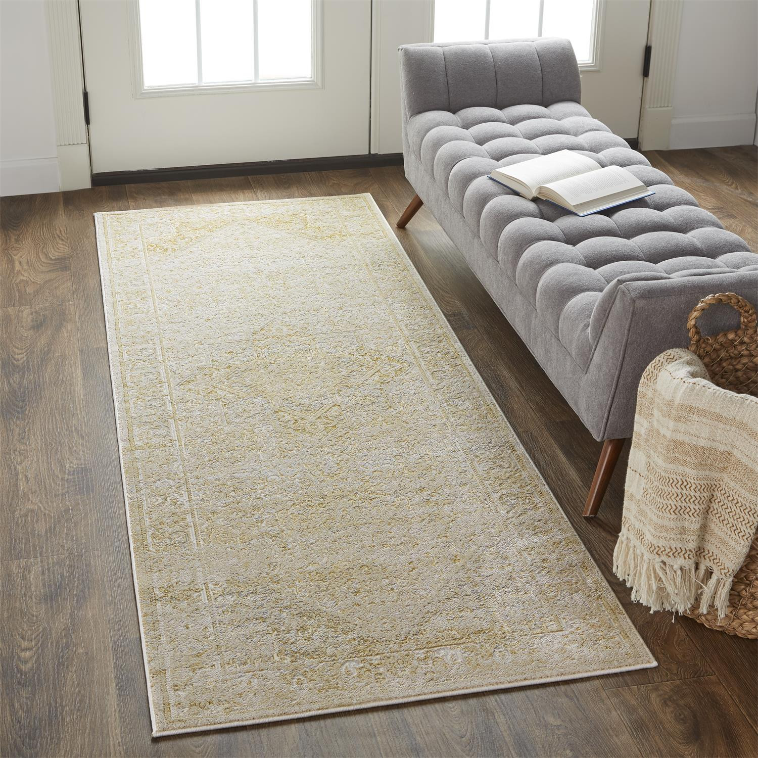 8" Gold and Ivory Medallion Power Loom Runner Rug