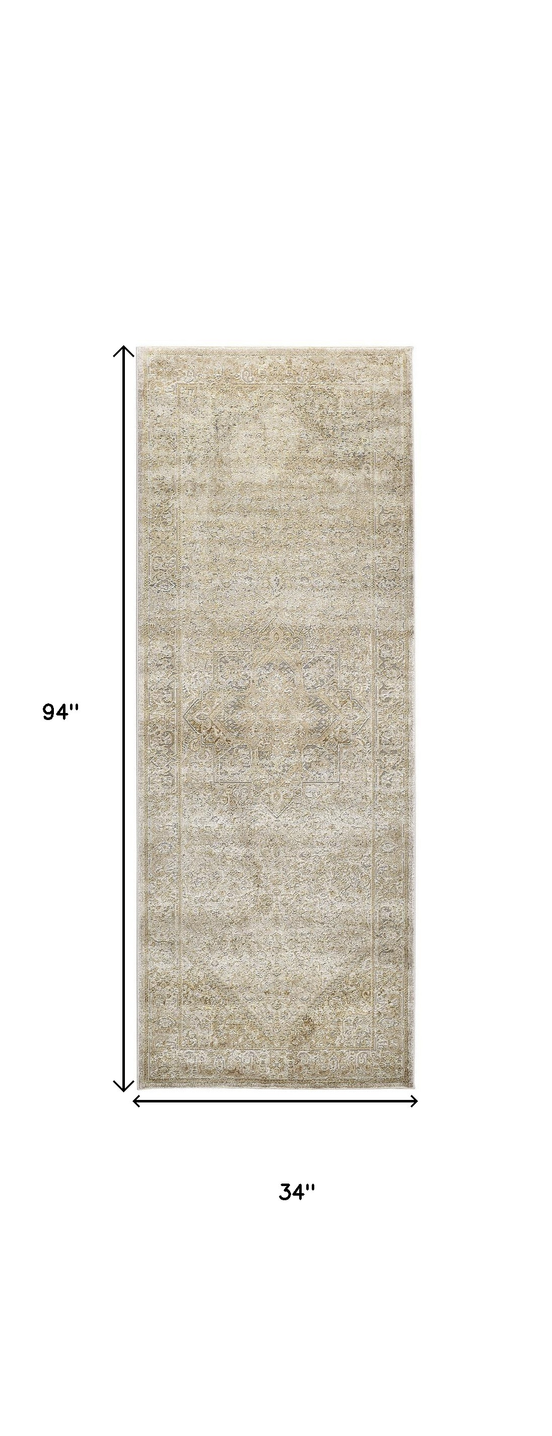 8" Gold and Ivory Medallion Power Loom Runner Rug