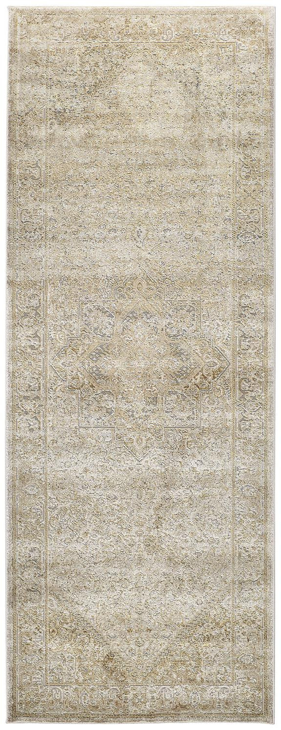 8" Gold and Ivory Medallion Power Loom Runner Rug