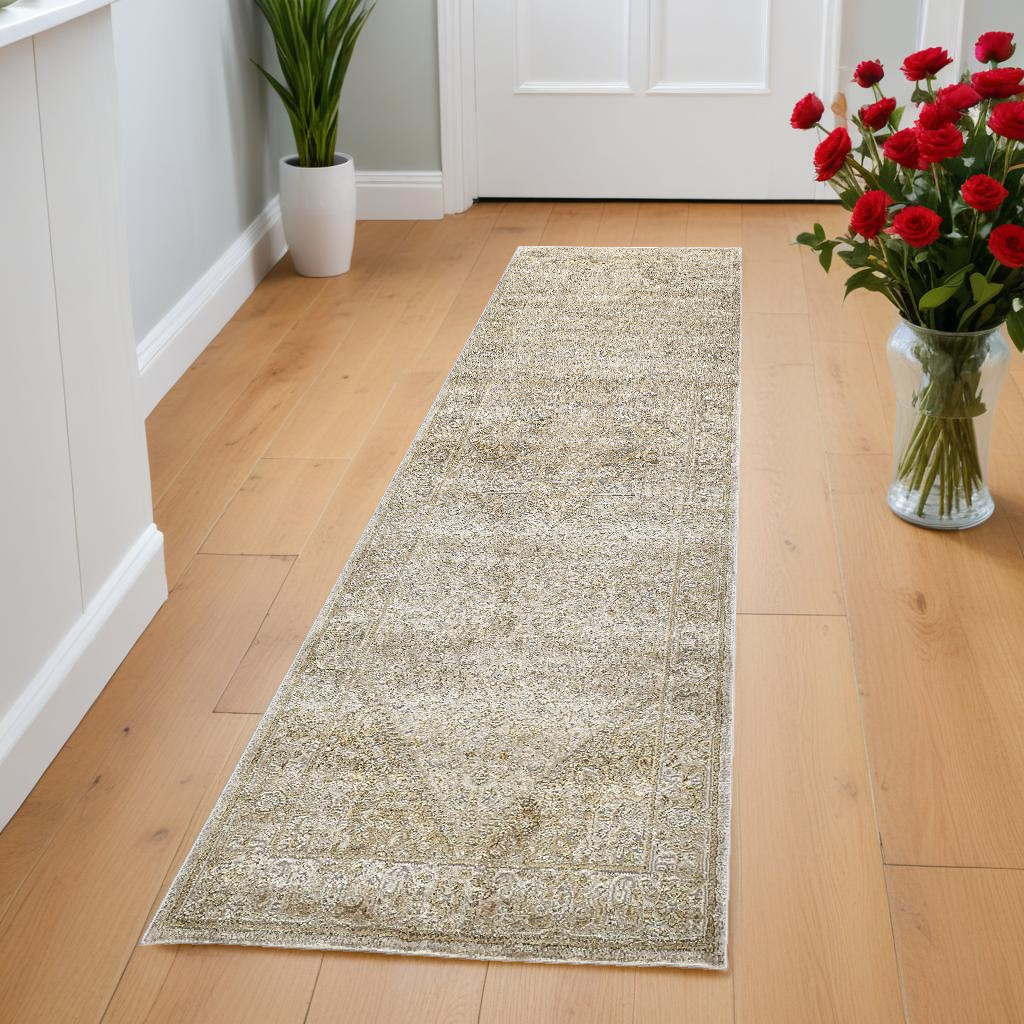8" Gold and Ivory Medallion Power Loom Runner Rug